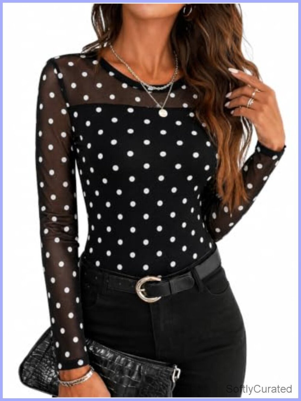 Long Sleeve Mesh Polka Dot See Through Y2K Going Out T-Shirt